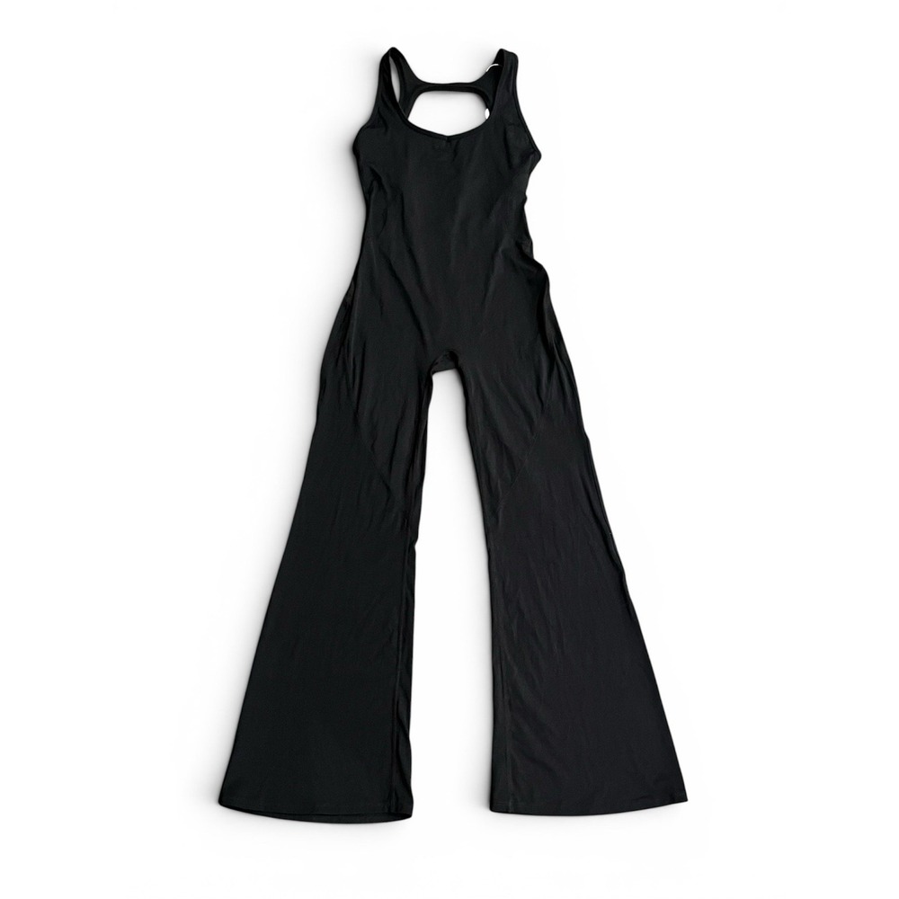 OEAK Women's Sz L Black Flare Jumpsuit Tummy Control Workout Romper.